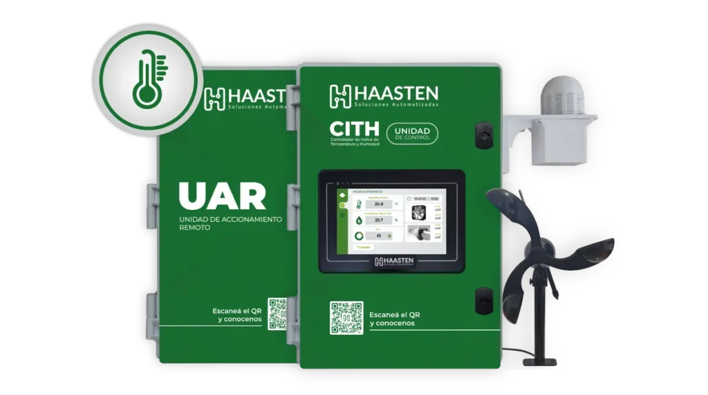 Controlador CITH de Haasten para monitoreo de estrés térmico en bovinos con sensor de temperatura y humedad y anémometro